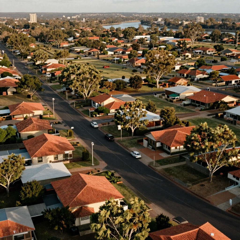 Aerial view of an Albury suburb showing terracotta rooftops, curved streets and the Murray River beyond