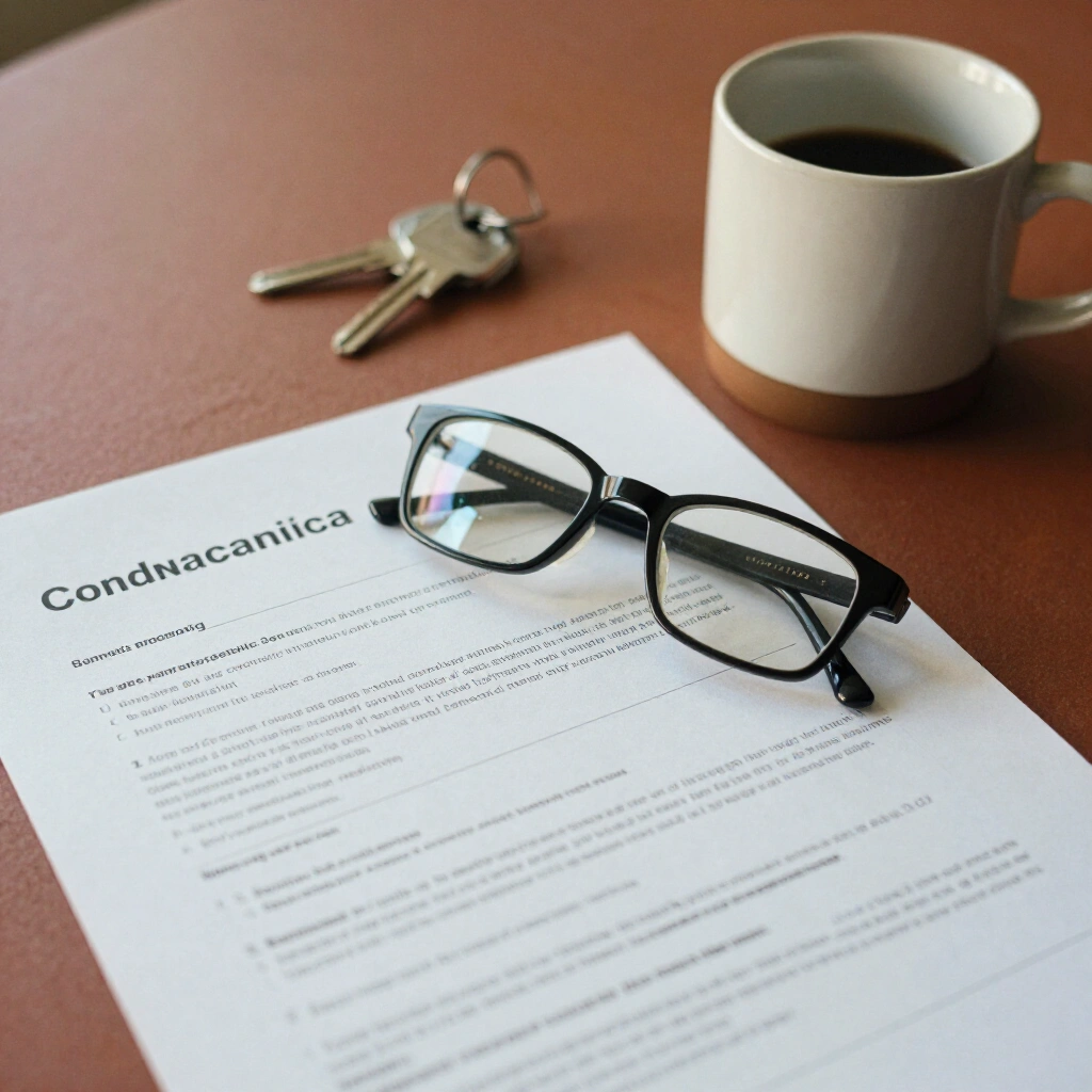 Conveyancing documents, reading glasses and a set of house keys on a timber table