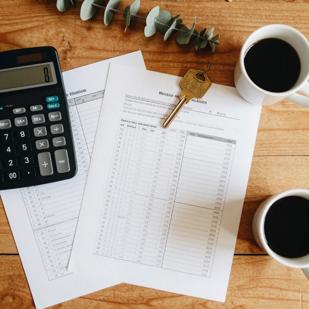 Desk flat lay with a calculator, printed cost spreadsheets, a brass house key and a coffee cup