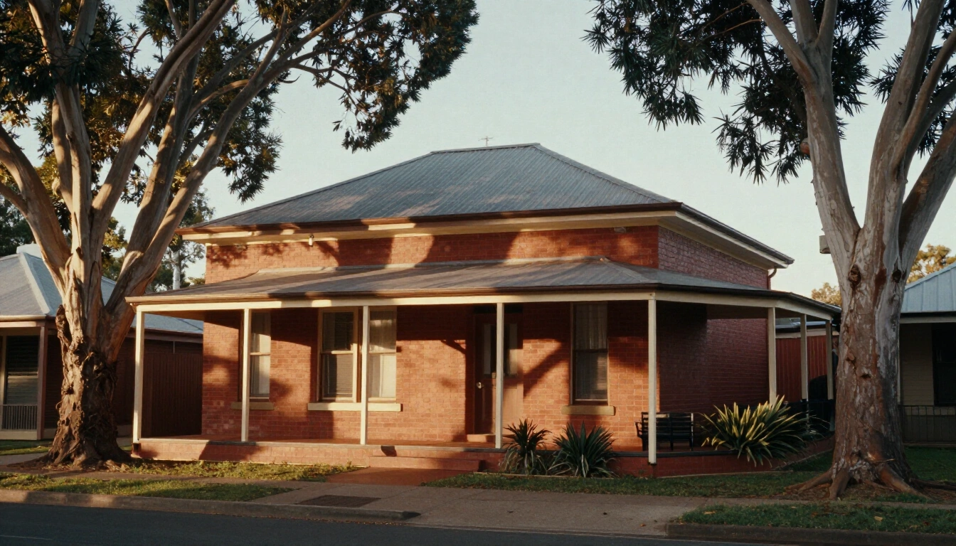 Federation era red brick home on a wide Albury street with mature gum trees in late afternoon light