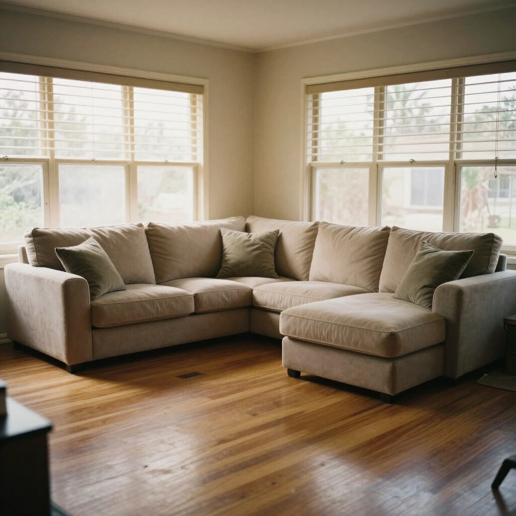 Living room styled for an open inspection with squared cushions and light across polished floorboards