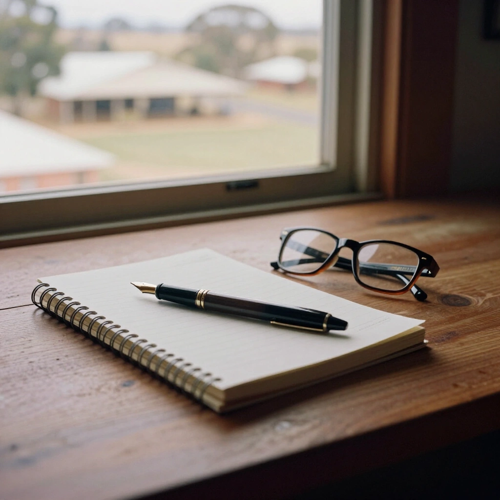 Notebook, pen and reading glasses on a timber desk beside a window over a regional town