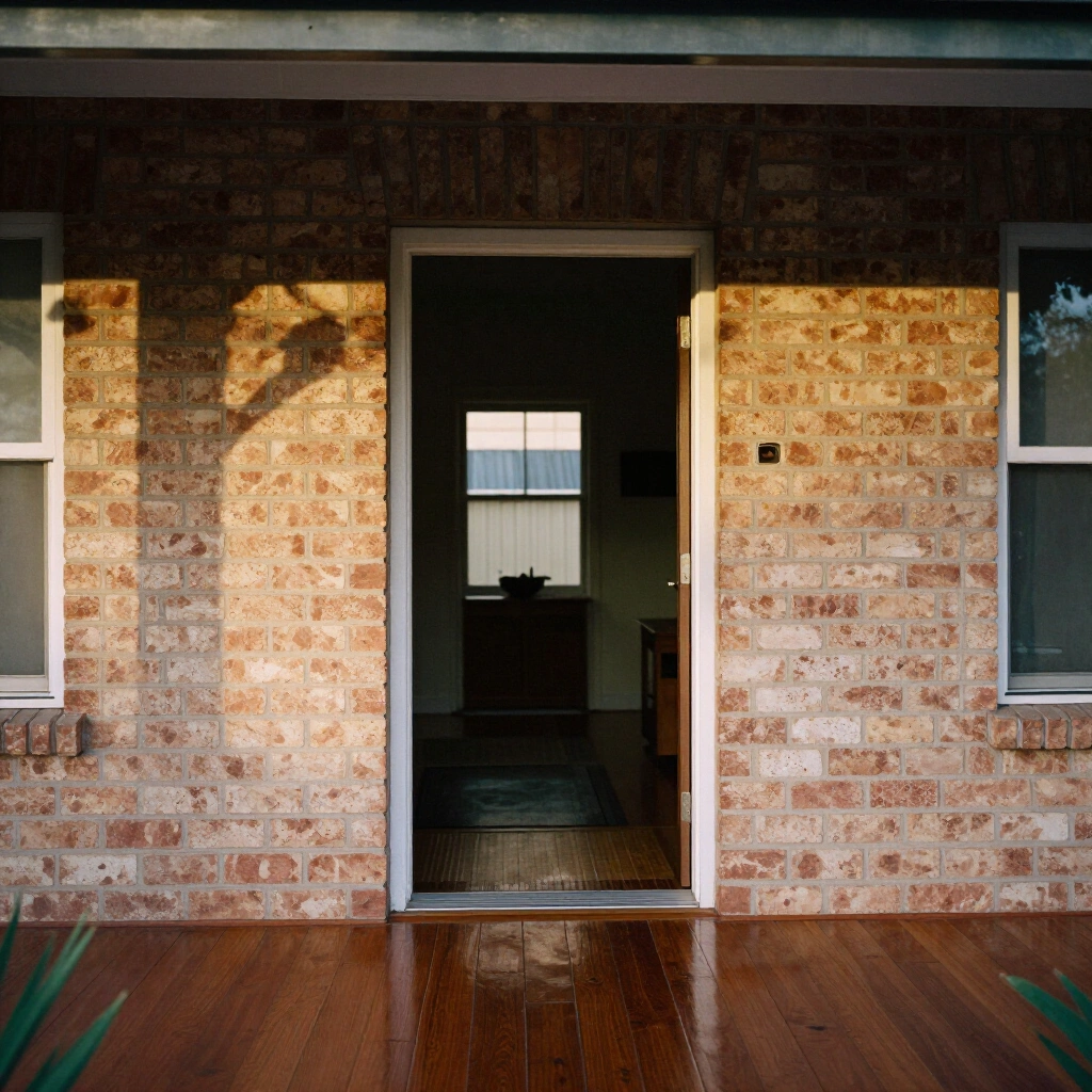 Open front door of a brick veneer Albury home with polished floorboards catching afternoon light