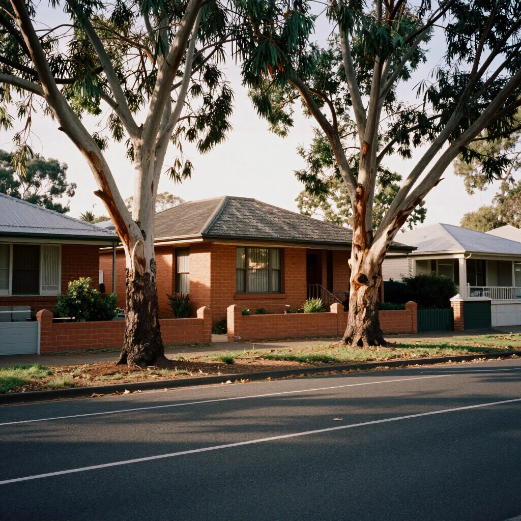 Quiet residential street in regional New South Wales with 1970s brick homes and mature eucalyptus